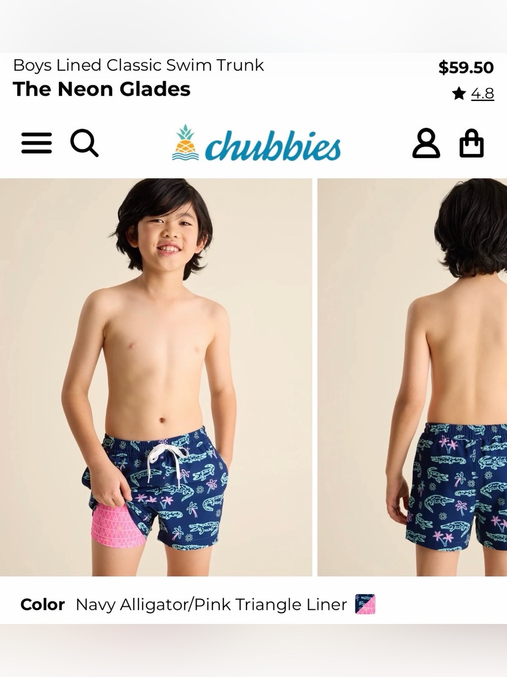 Boys Chubbies Navy Swim Trunks with Mint Alligator & Pink Palm Print